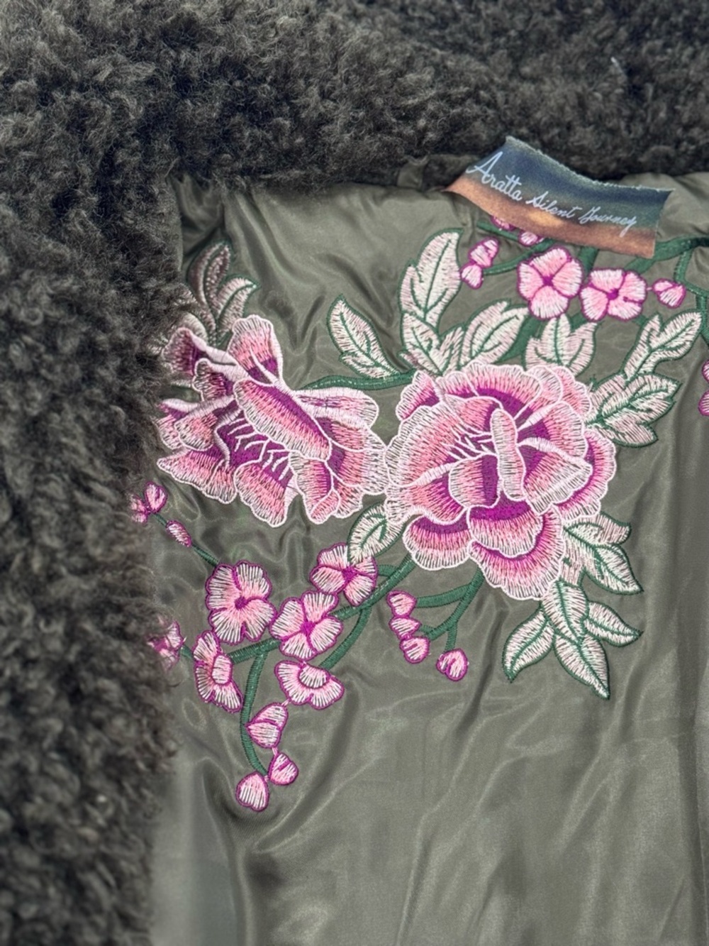 Aratta Olive Green Teddy Jacket with Embroidered Back - Picture 4 of 11